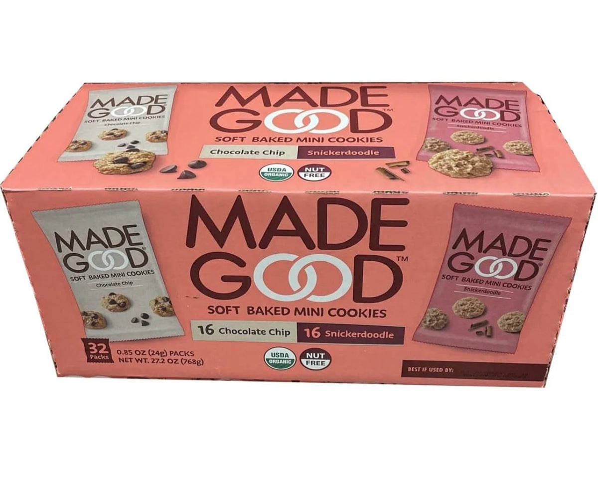 Made Good Soft Baked Mini Cookies 32-pack packaging, convenient snack option.