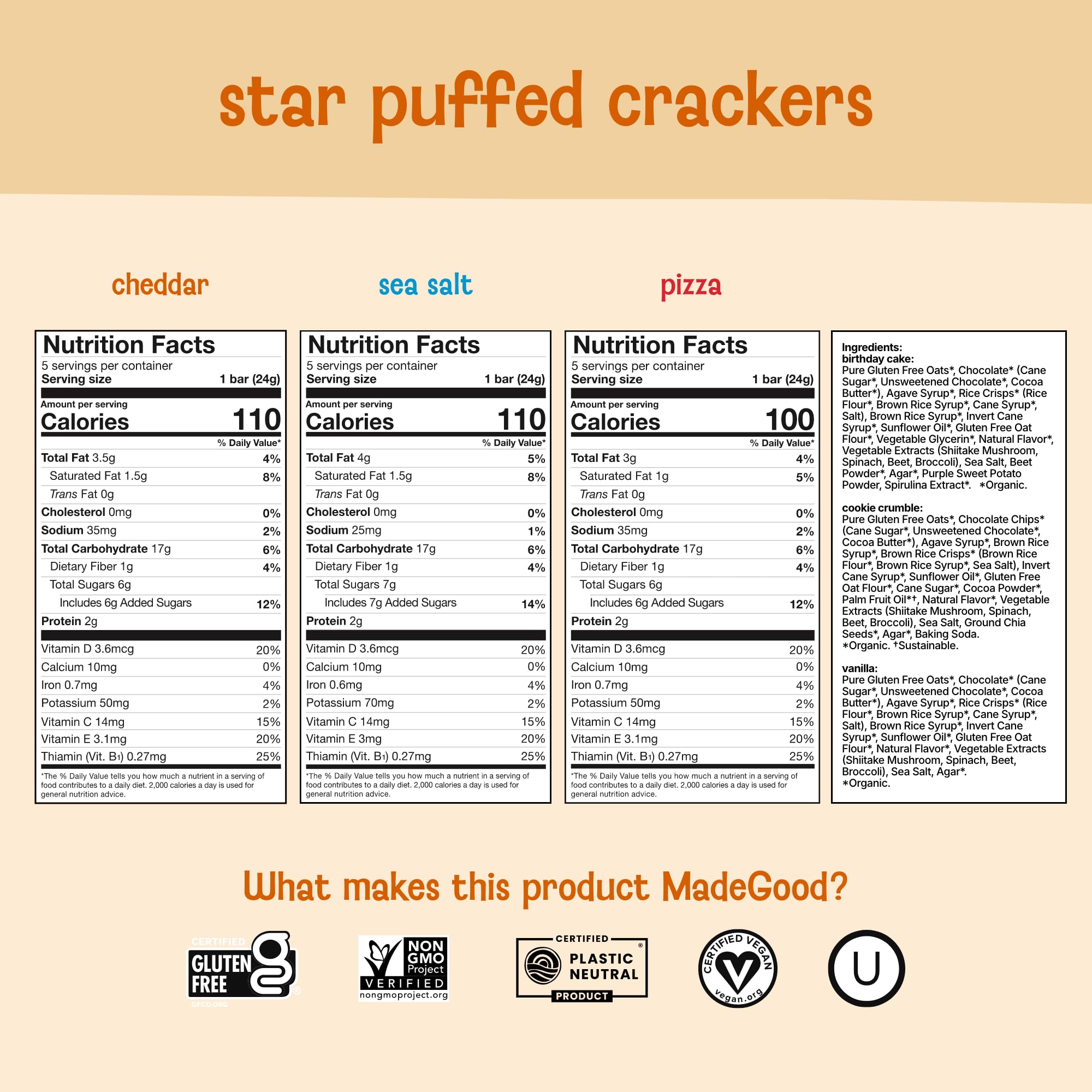 MadeGood Star Puffed Crackers cheddar pack offers vegetarian, allergen-friendly crunch for any snack.
