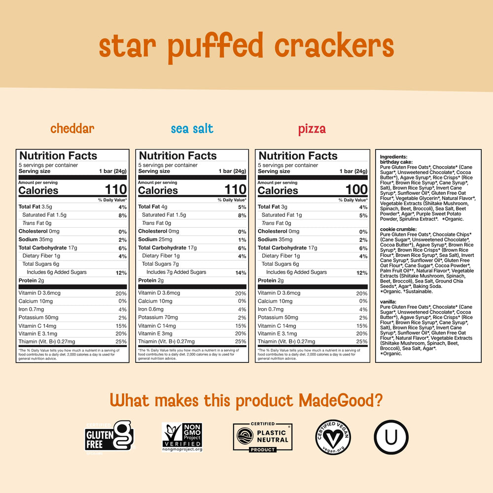 MadeGood Star Puffed Crackers cheddar pack offers vegetarian, allergen-friendly crunch for any snack.
