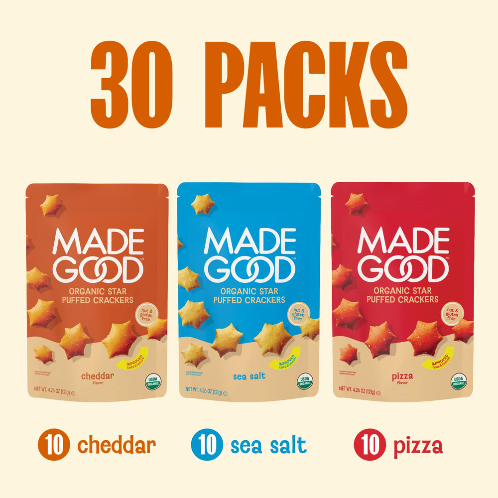 MadeGood Star Puffed Crackers kid-friendly gluten-free snack for school or lunch.
