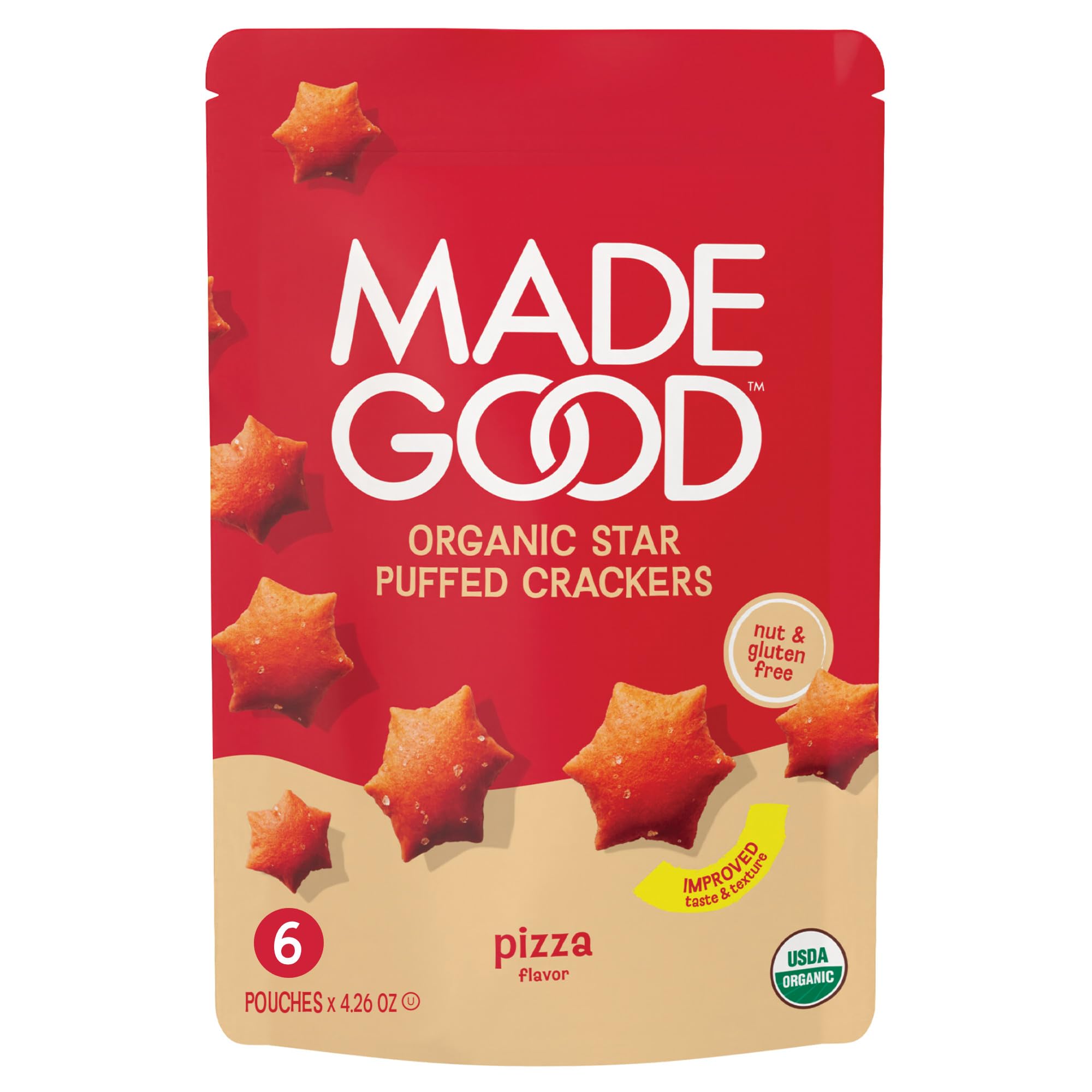 MadeGood Star Puffed Crackers Pizza bags offer a gluten-free, kid-friendly lunchbox snack.