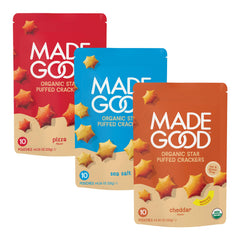 MadeGood Star Puffed Crackers sea salt pack, a crunchy gluten-free snack for lunchboxes.