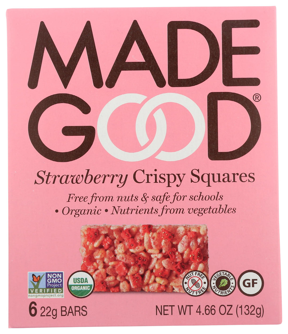 MadeGood Strawberry Crispy Squares package shown for convenient on-the-go snacking