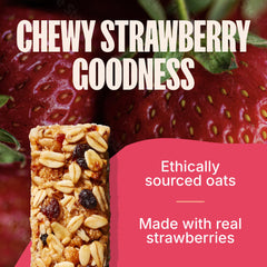 Close-up of MadeGood strawberry granola bar with oats and visible fruit pieces.