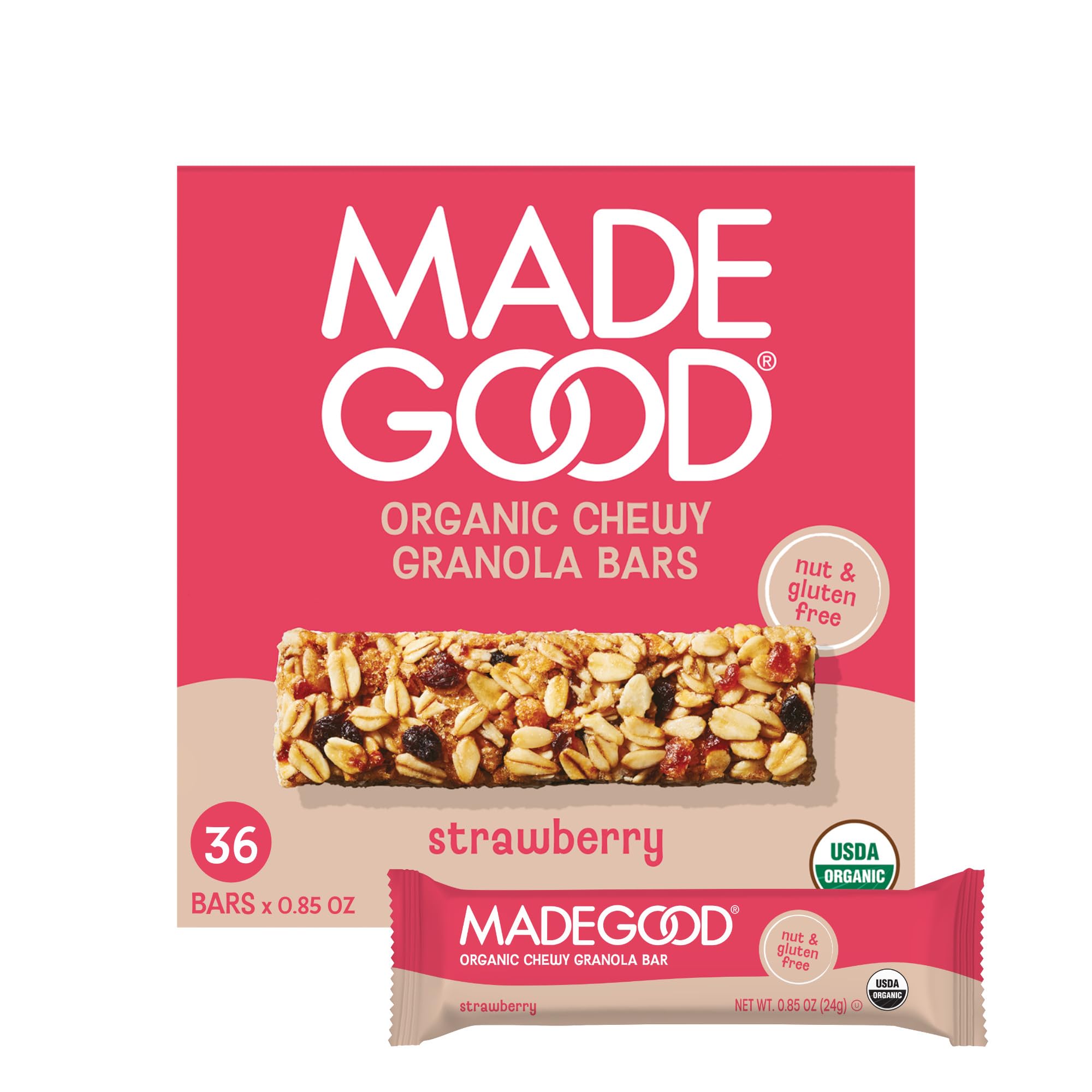 MadeGood strawberry granola bars 36-count box, gluten-free and vegan snack option.