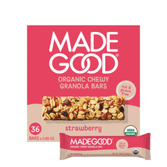 MadeGood strawberry granola bars 36-count box, gluten-free and vegan snack option.