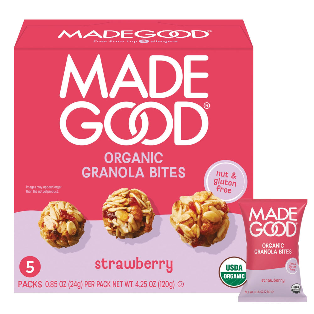 Made Good Strawberry Granola Bites packaging with five individually wrapped servings for convenience.