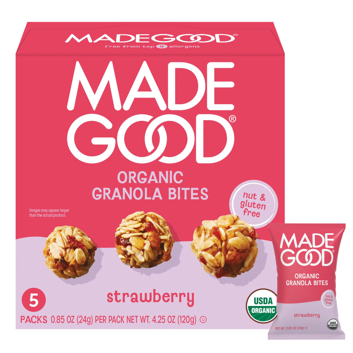 Made Good Strawberry Granola Bites packaging with five individually wrapped servings for convenience.