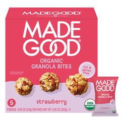 Made Good Strawberry Granola Bites packaging with five individually wrapped servings for convenience.