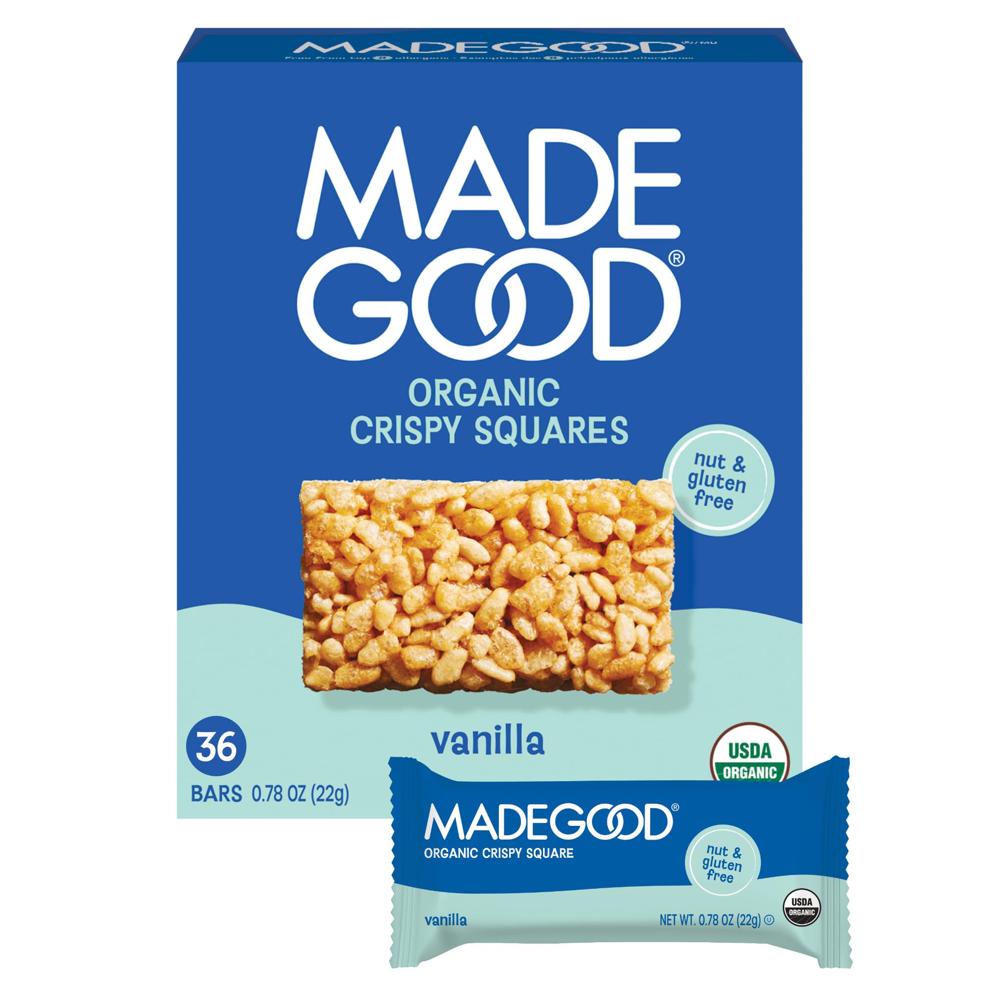 Made Good Vanilla Crispy Squares 36-count box highlights crisp texture and snack-ready packaging.