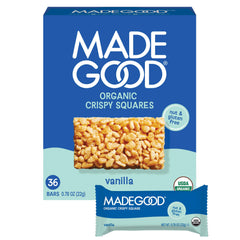 Made Good Vanilla Crispy Squares 36-count box highlights crisp texture and snack-ready packaging.