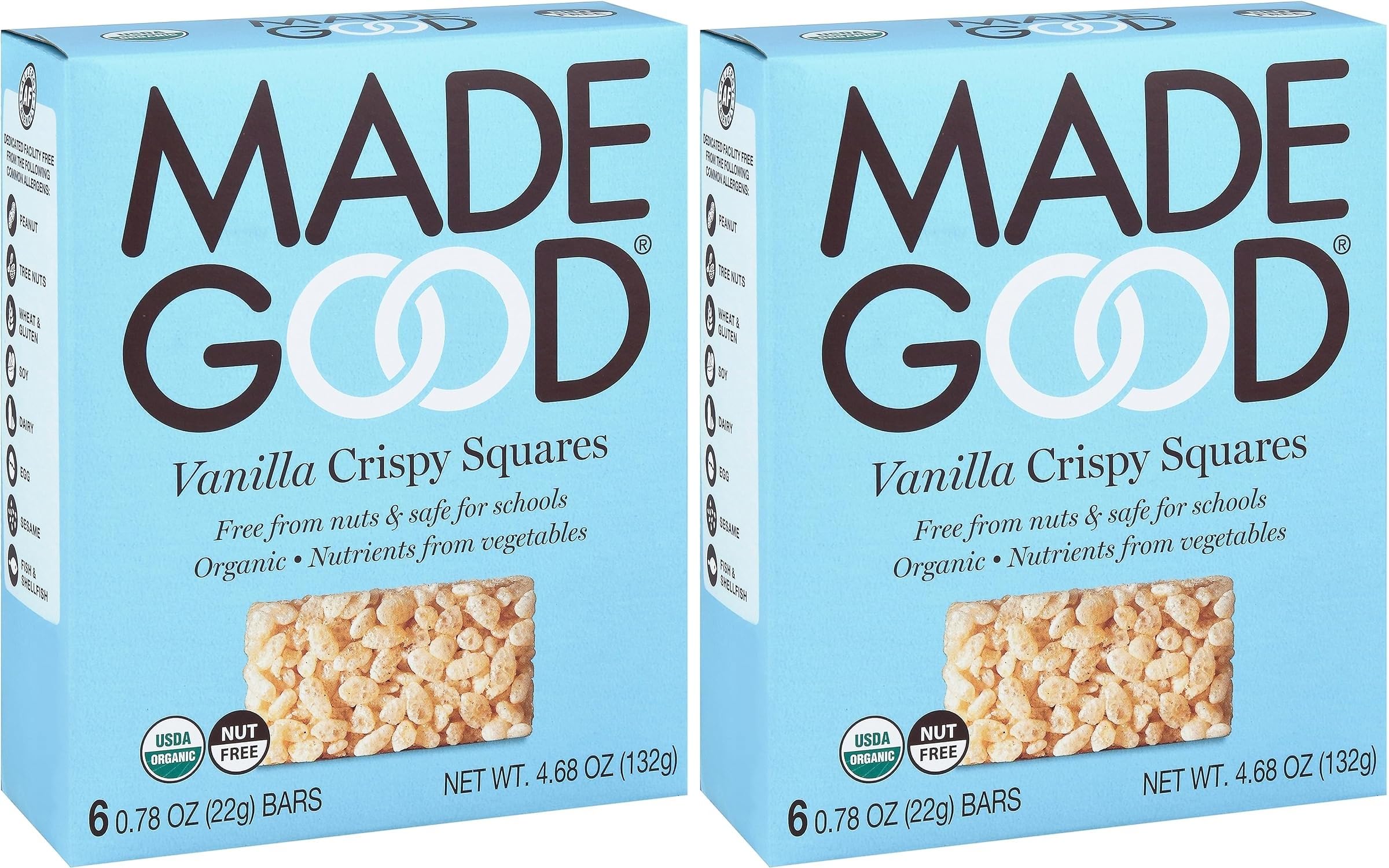 MadeGood Vanilla Crispy Squares twin pack image; vegan, gluten-free snack on-the-go