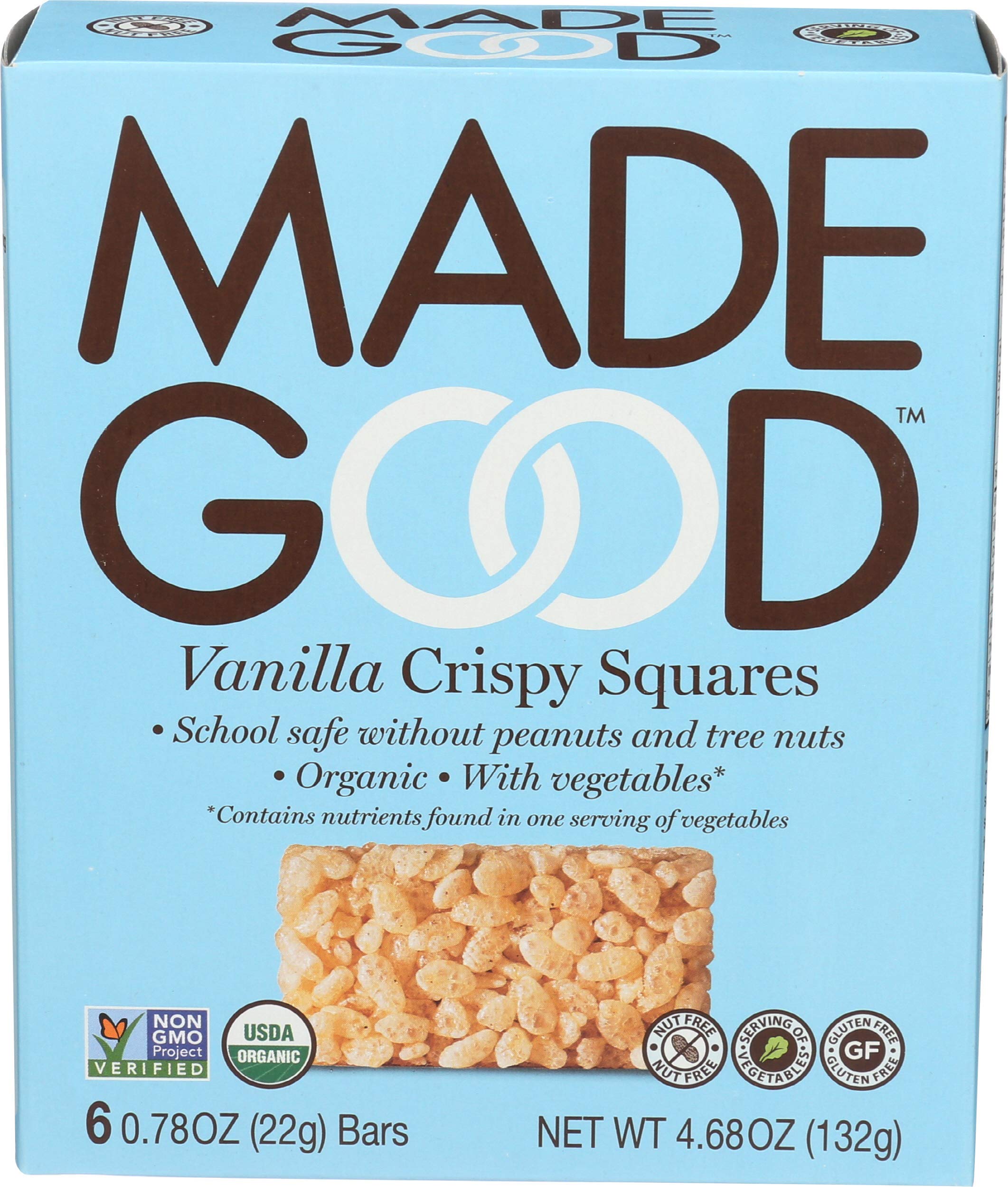 MadeGood Vanilla Crispy Squares packaging for on-the-go snacking.