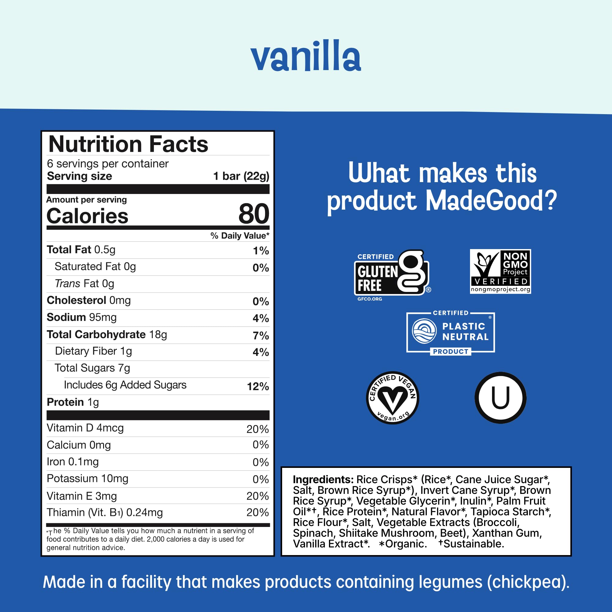 Made Good Vanilla Crispy Squares close-up reveals airy rice crisp texture and creamy vanilla notes.