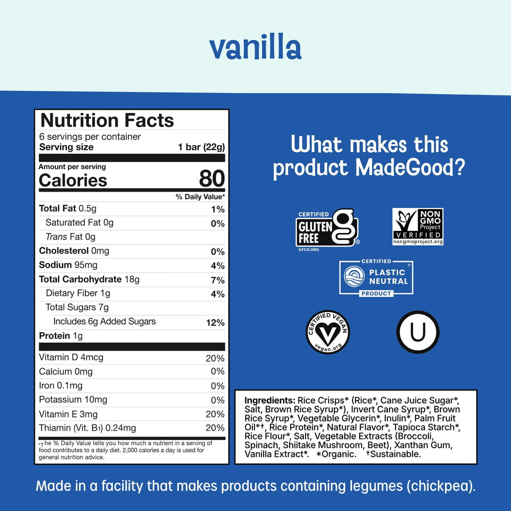 Made Good Vanilla Crispy Squares close-up reveals airy rice crisp texture and creamy vanilla notes.
