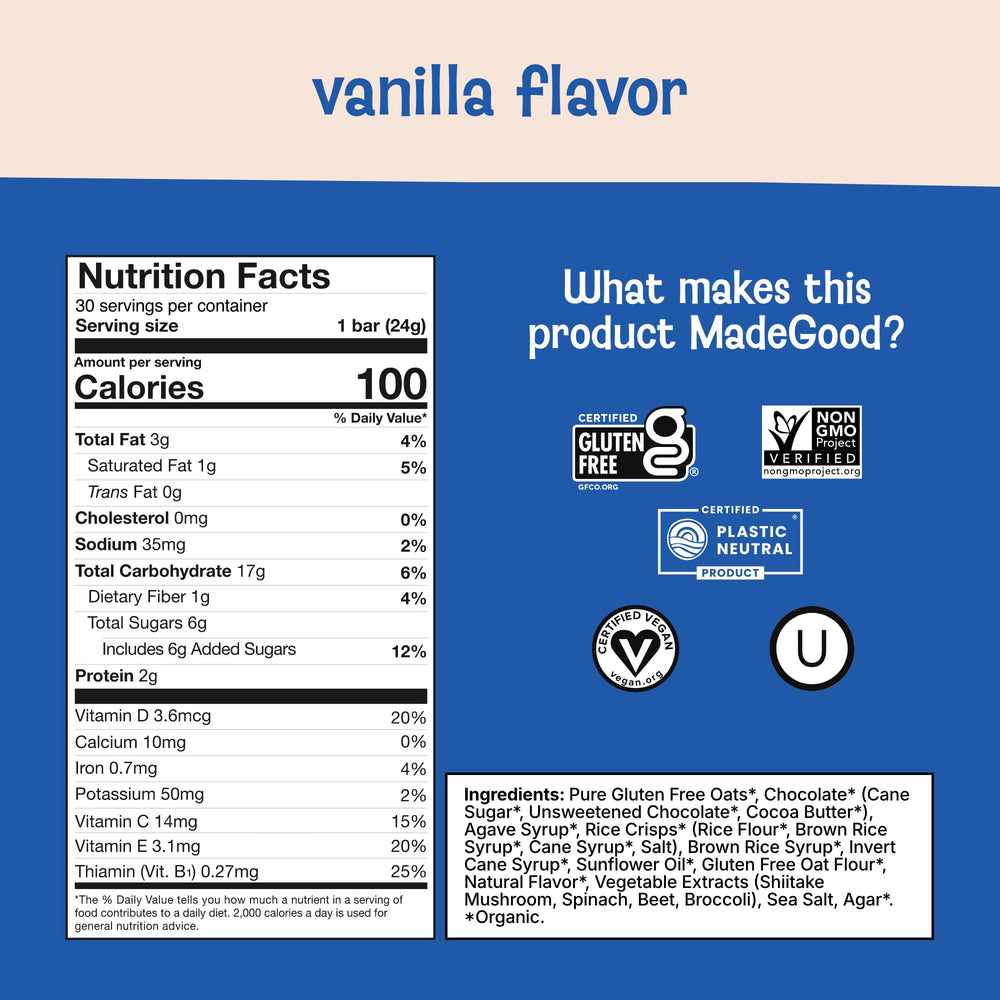 MadeGood vanilla granola bar in hand, a quick on-the-go treat.