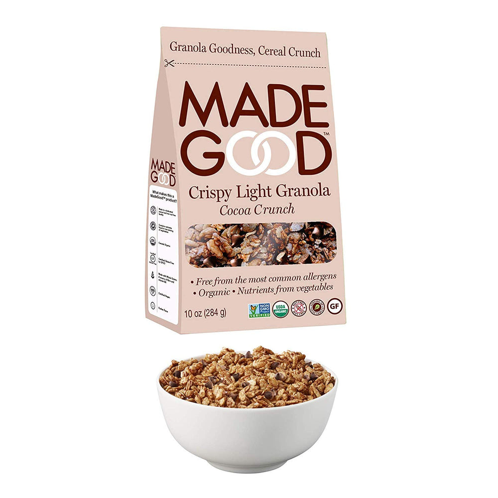 Made Good Vegan Cocoa Crunch granola serving plate with rich chocolatey aroma.