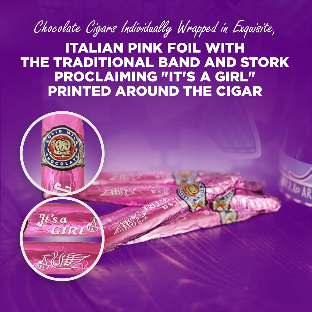 Madelaine baby shower display featuring pink-wrapped cigars as favors.