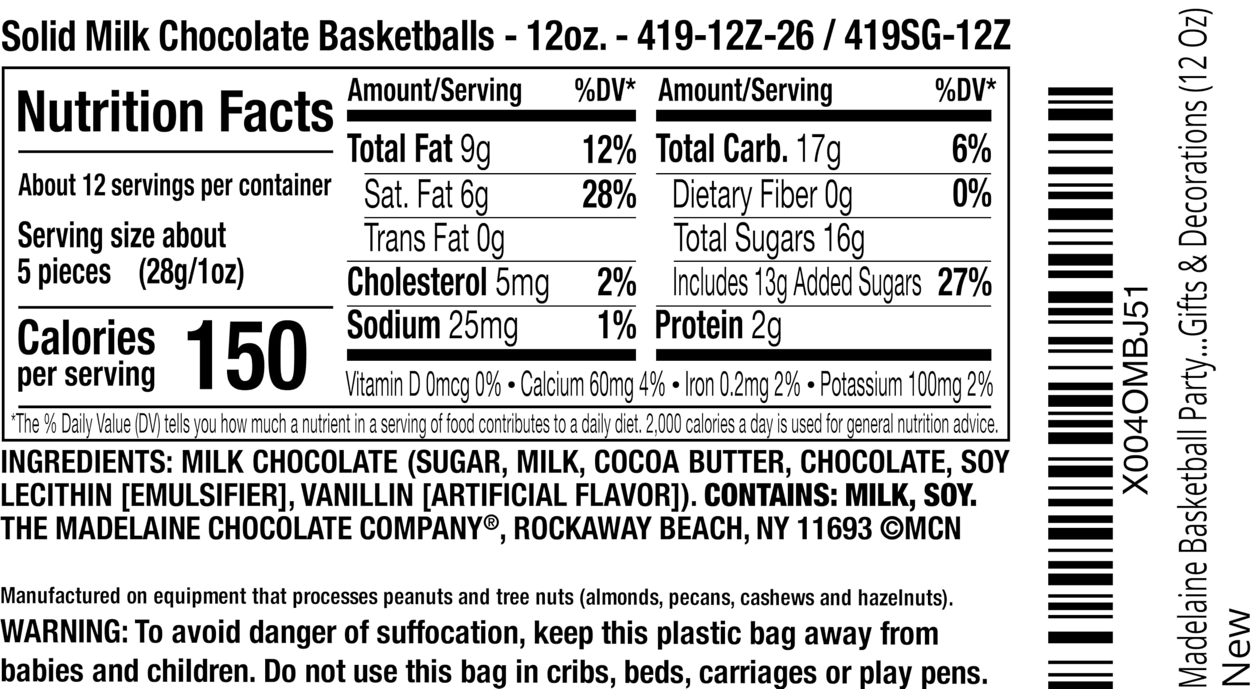 Madelaine Basketball Candy 12 oz container, ideal for bulk party displays and snack tables.