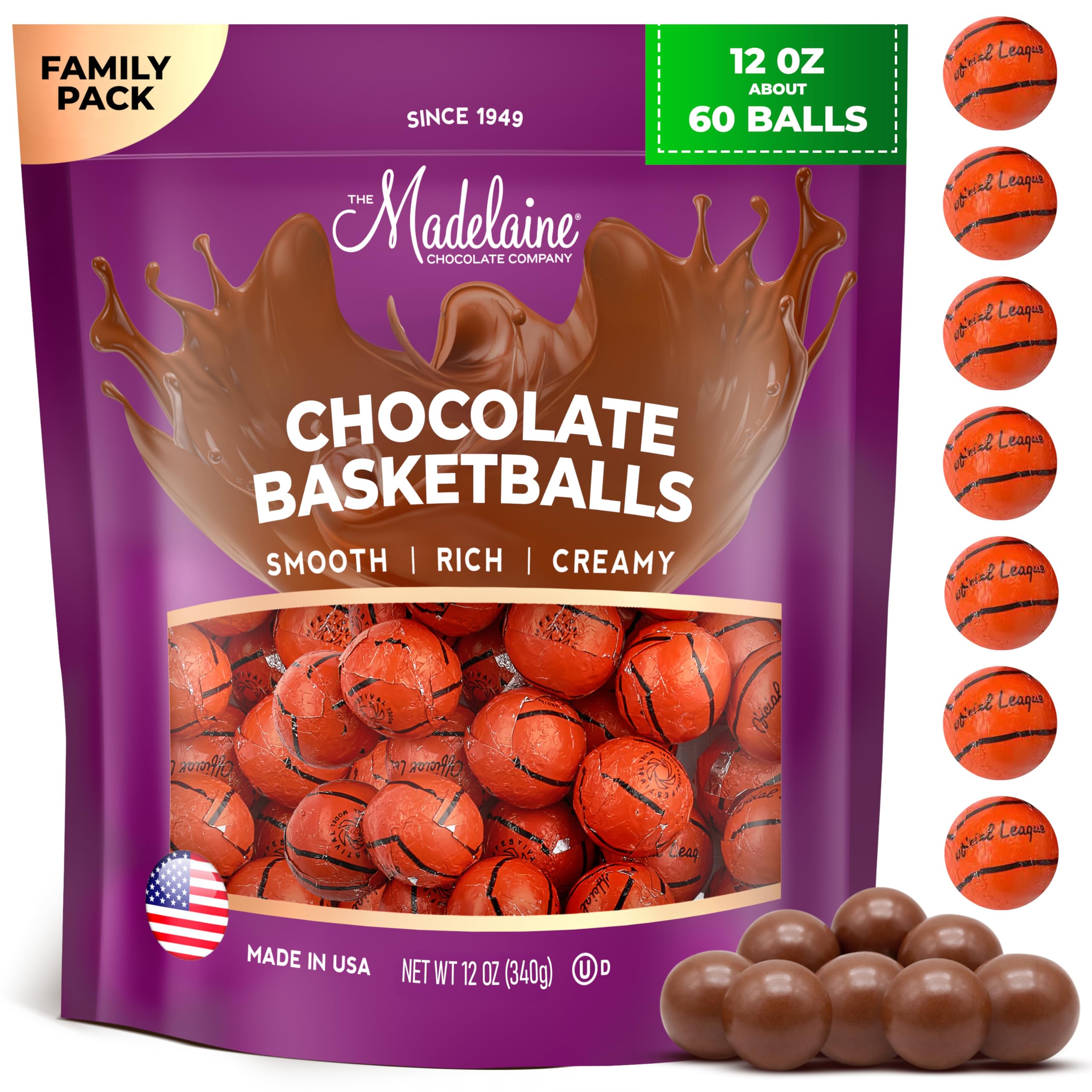 Madelaine Basketball Candy close-up in foil wrap, ideal for party favors and gift baskets.