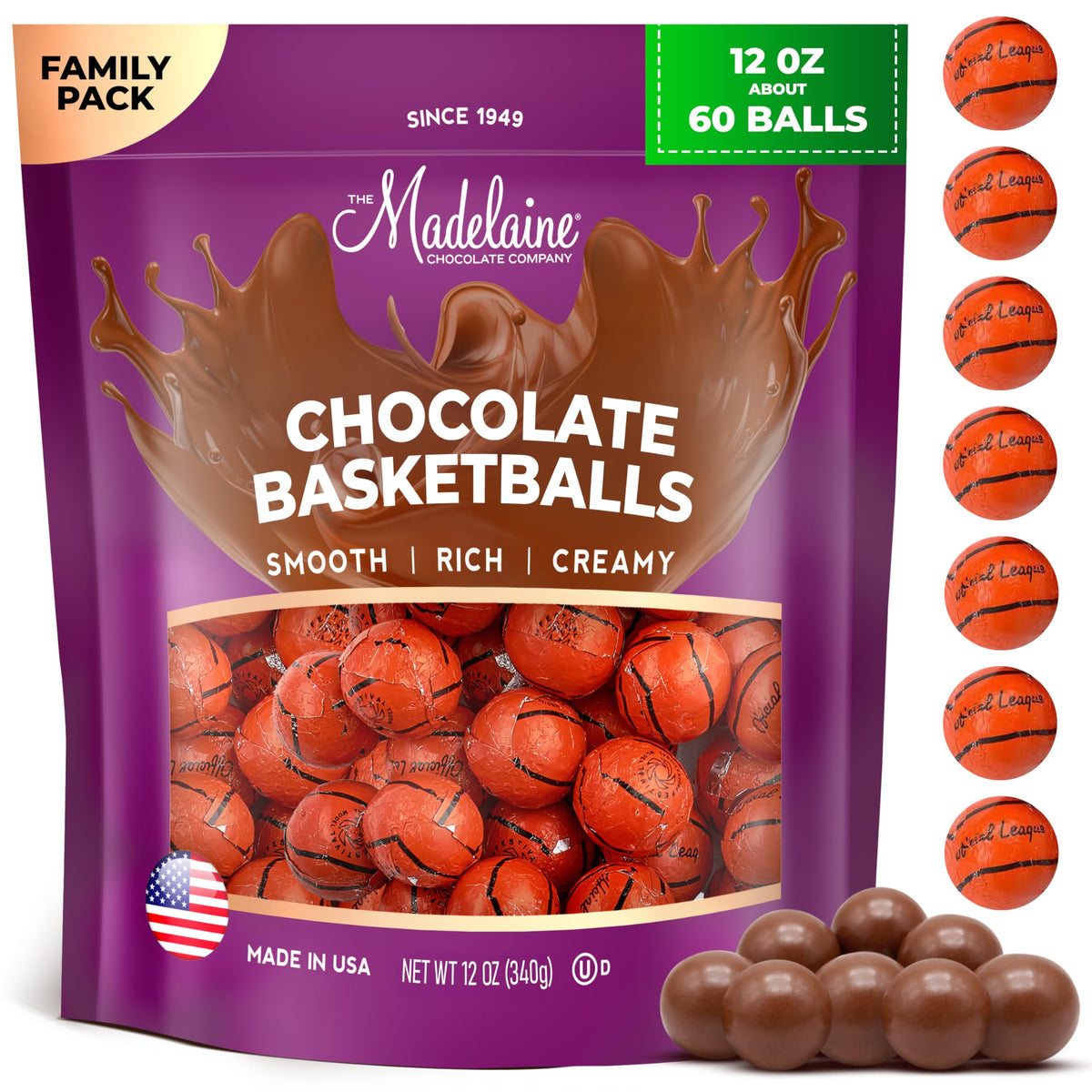 Madelaine Basketball Candy close-up in foil wrap, ideal for party favors and gift baskets.