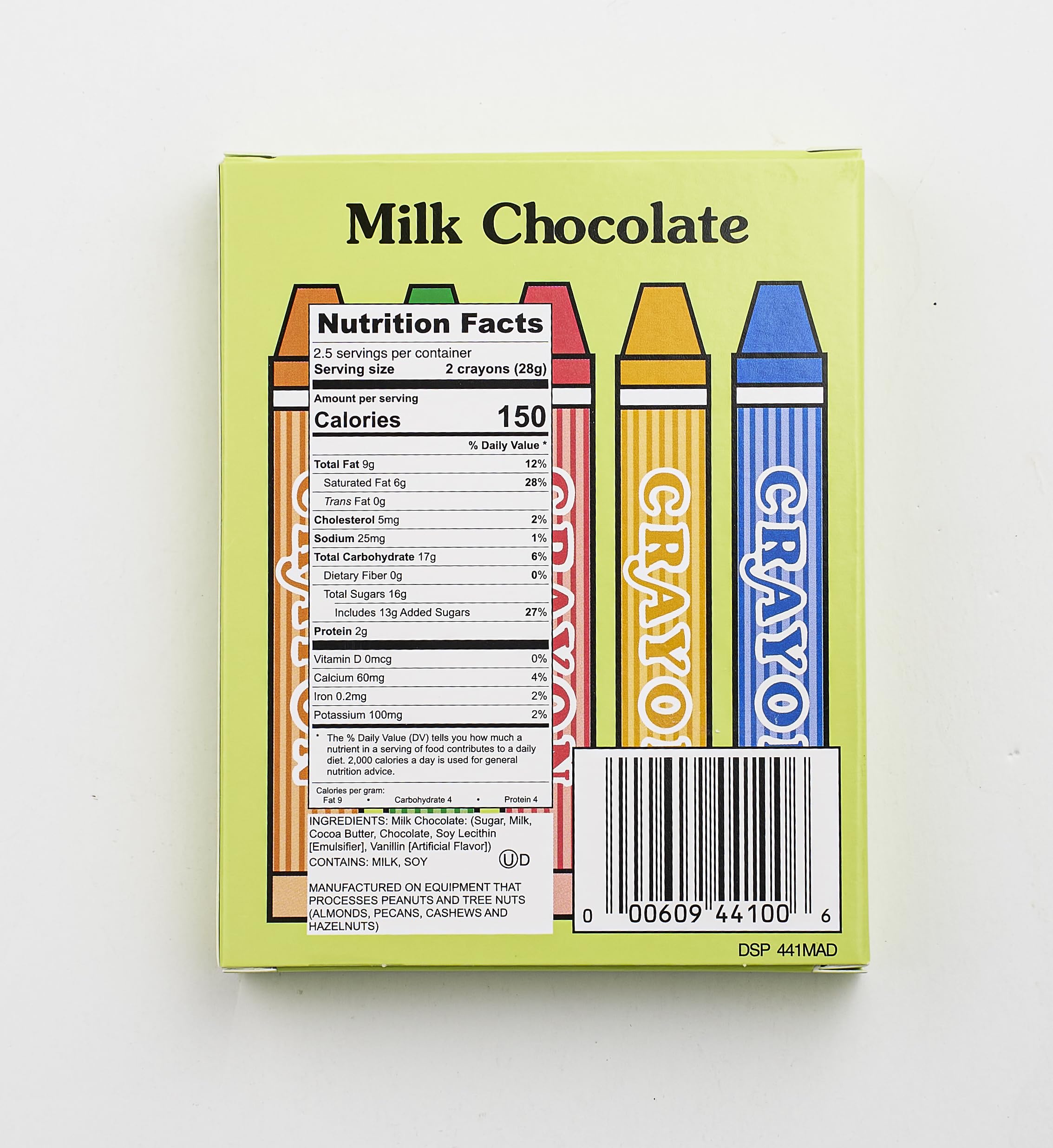 Madelaine Chocolate Crayons box opened, colorful milk chocolate crayons for party favors.