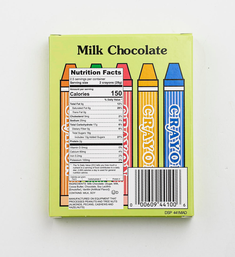 Madelaine Chocolate Crayons box opened, colorful milk chocolate crayons for party favors.