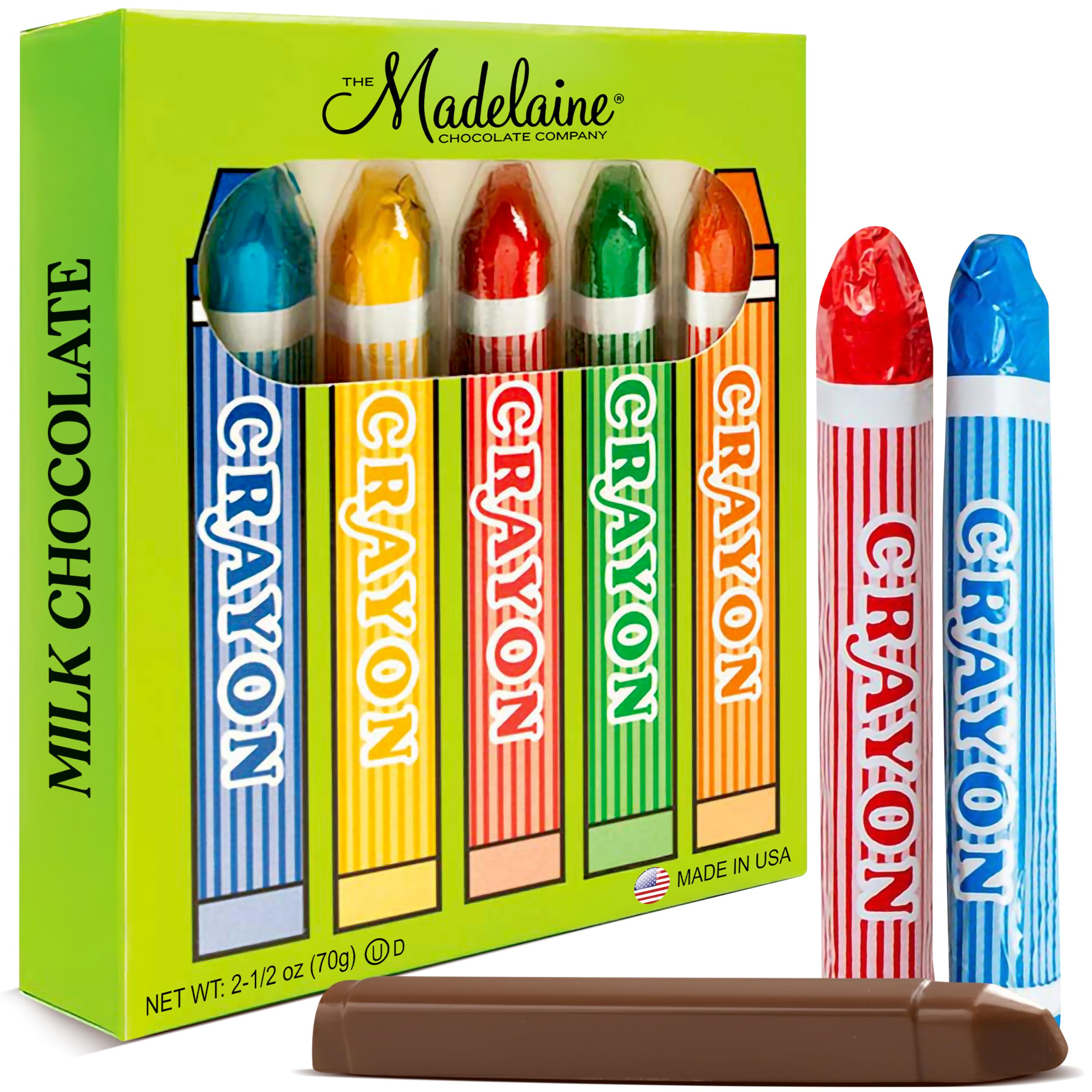 Madelaine Chocolate Crayons gift box front, ideal for gifting and celebrations.