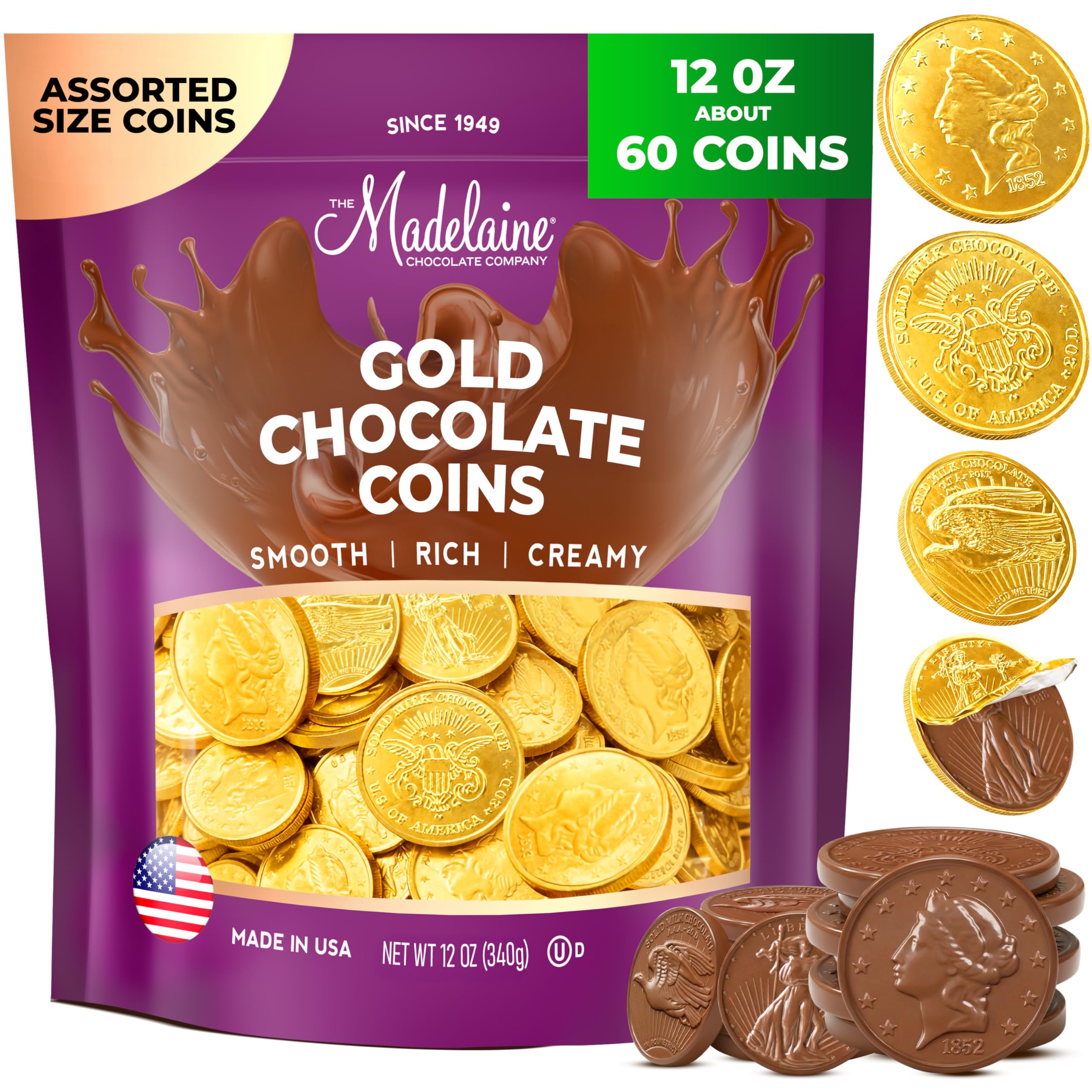 Madelaine Gold Coins bag front with shiny foil for gift-ready candy bowls.