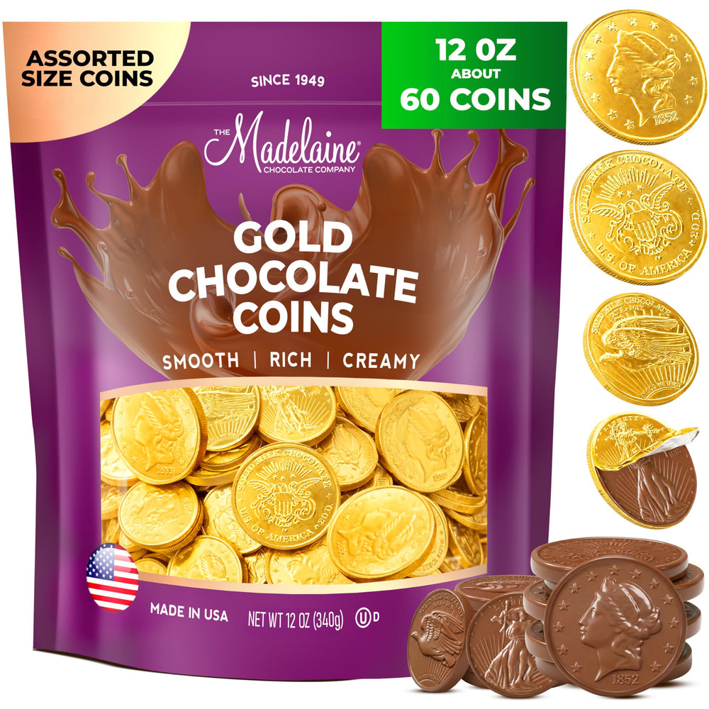 Madelaine Gold Coins bag front with shiny foil for gift-ready candy bowls.