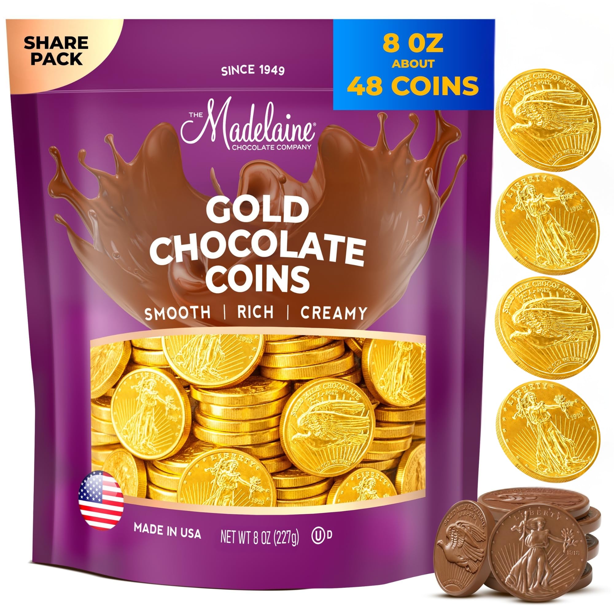 The Madelaine Gold Coins wrapped in gold foil for elegant party decor.