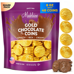The Madelaine Gold Coins wrapped in gold foil for elegant party decor.
