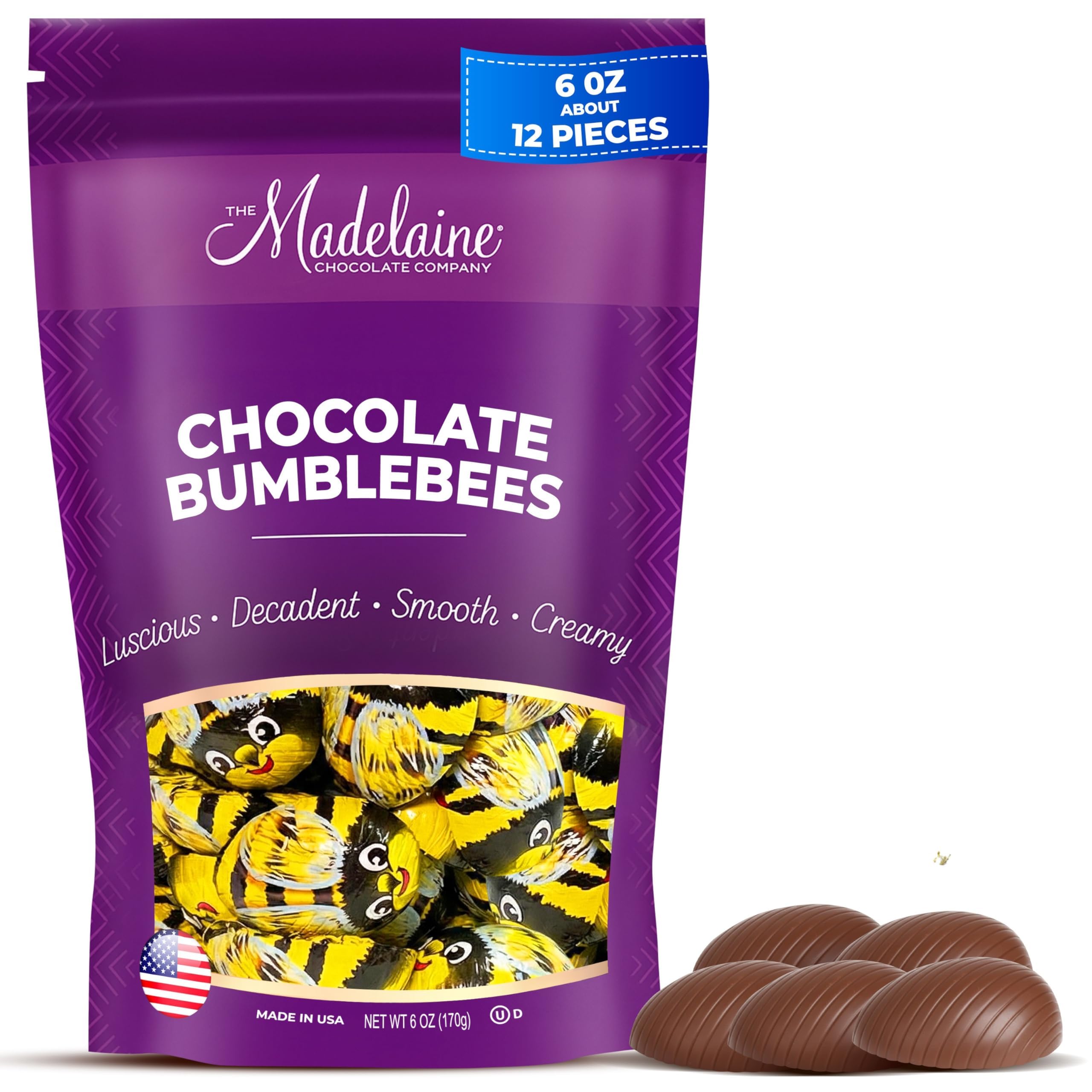 The Madelaine Chocolate Company Madelaine Milk Chocolate Bumblebees pack, smooth bite for sharing at spring gatherings.