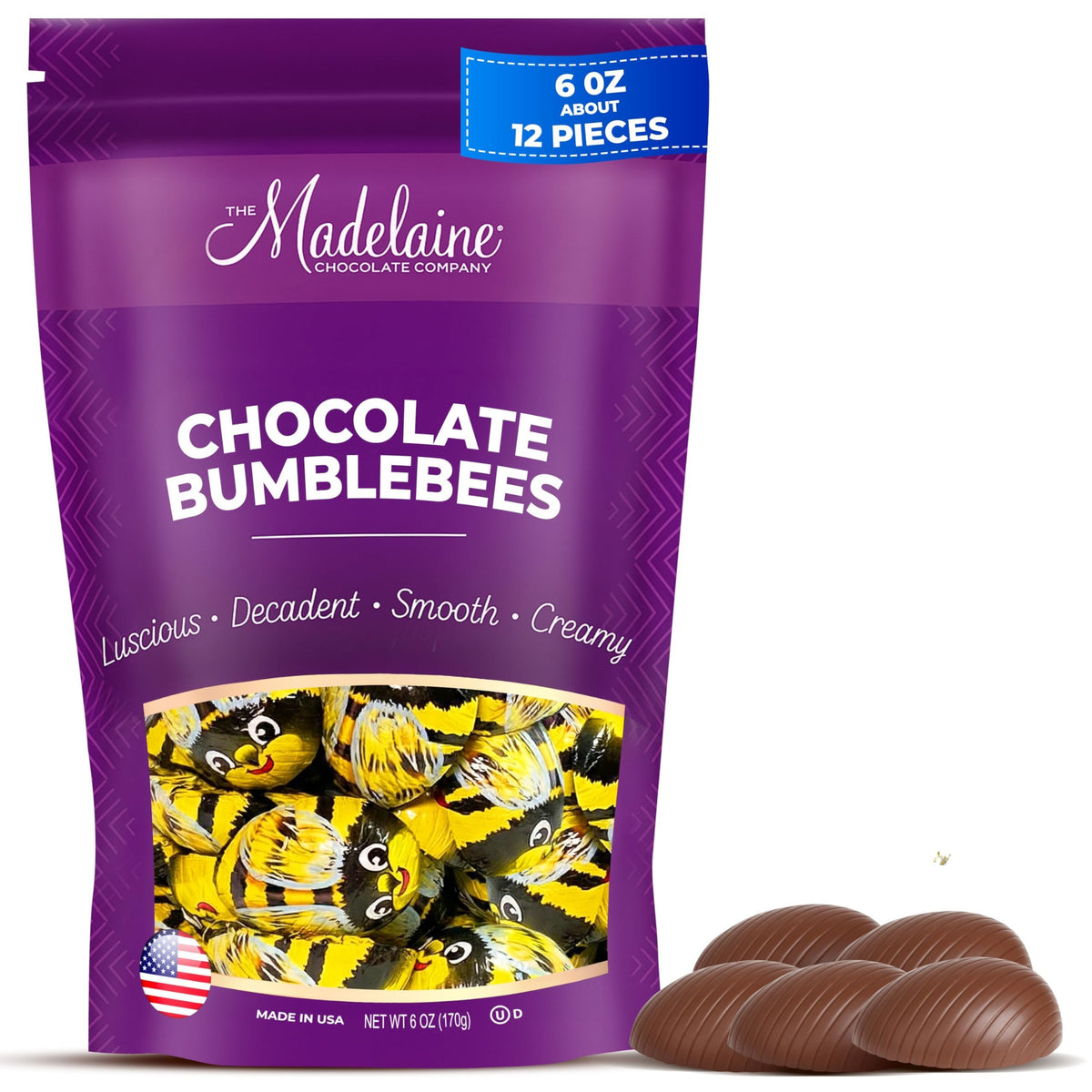 The Madelaine Chocolate Company Madelaine Milk Chocolate Bumblebees pack, smooth bite for sharing at spring gatherings.