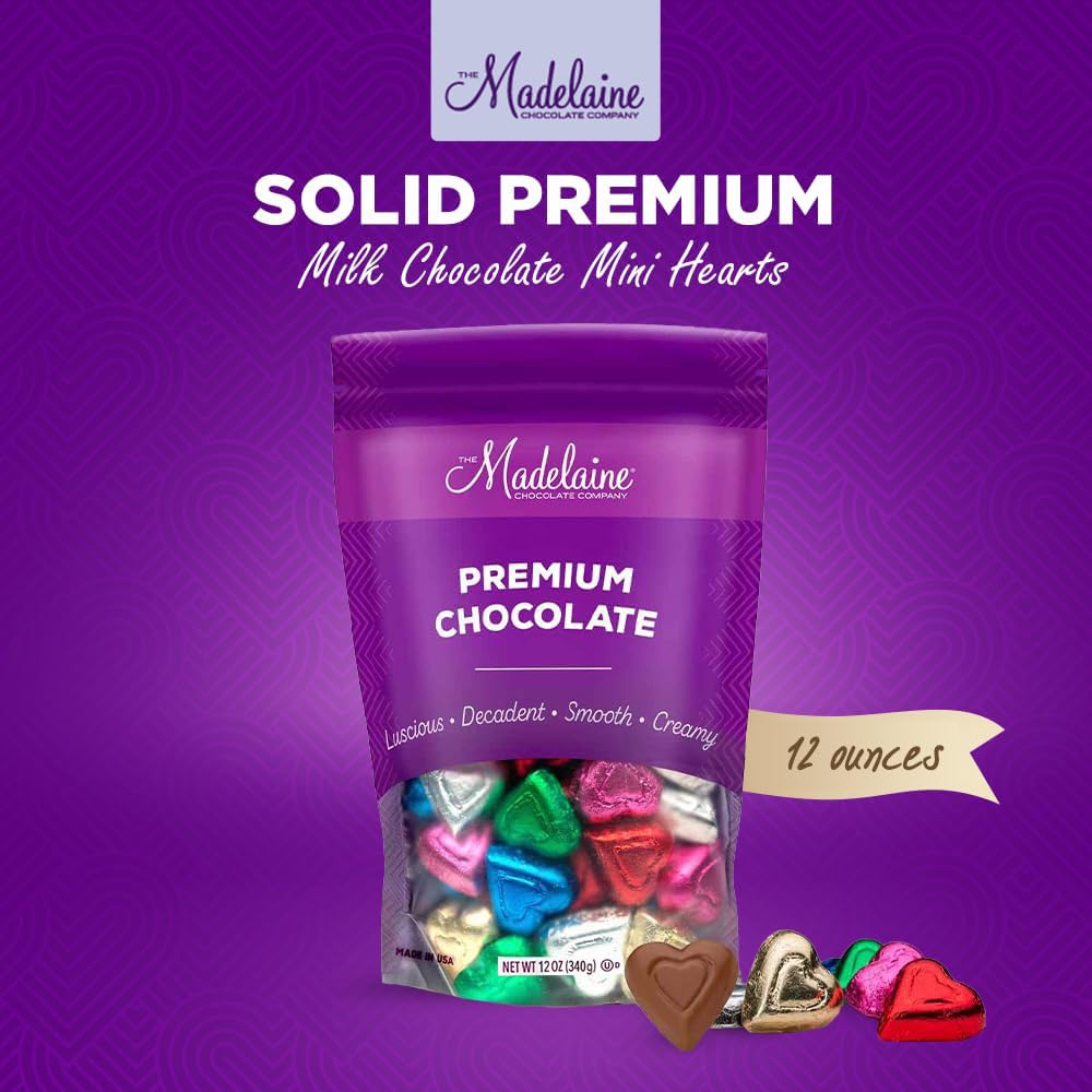 Close-up of Madelaine Milk Chocolate Mini Heart texture and smooth surface.