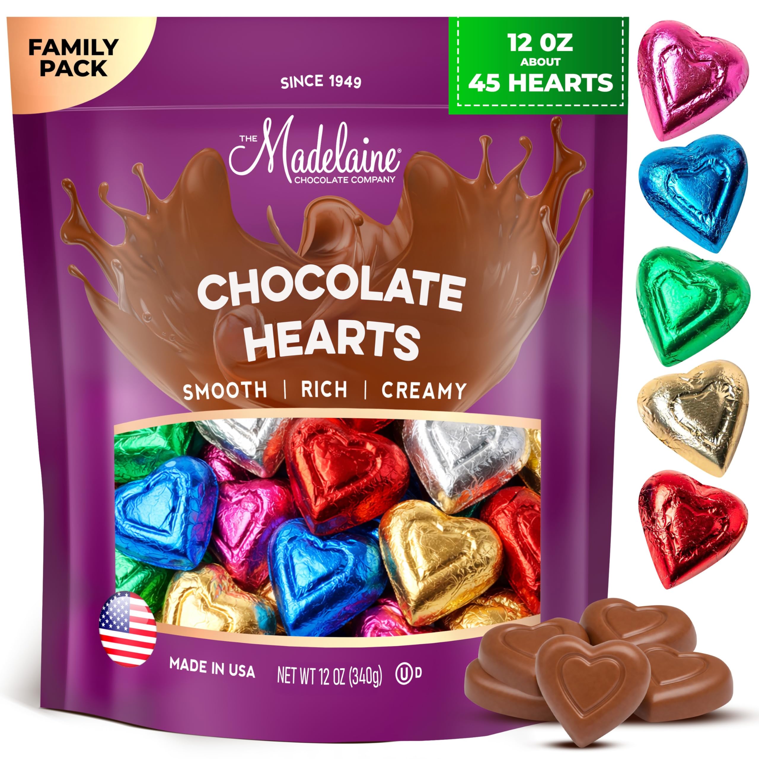 Madelaine Milk Chocolate Mini Heart with rainbow foil brightens gift baskets.