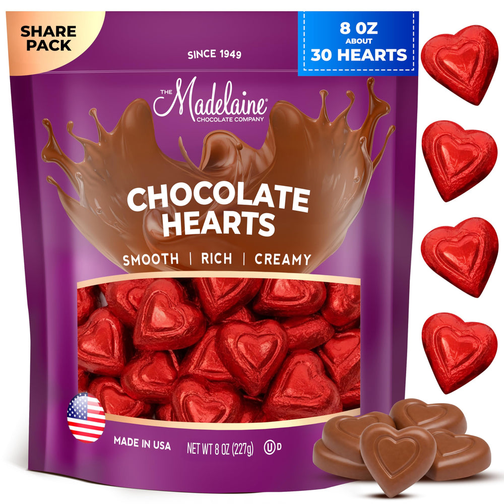 The Madelaine Milk Chocolate Mini Heart in red foil, individually wrapped for gifting