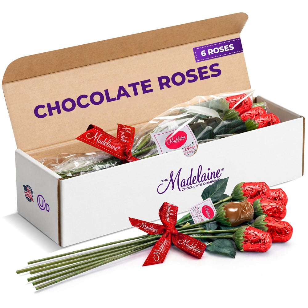 The Madelaine Milk Chocolate Red Roses bouquet on display, perfect for Valentine gift-giving.