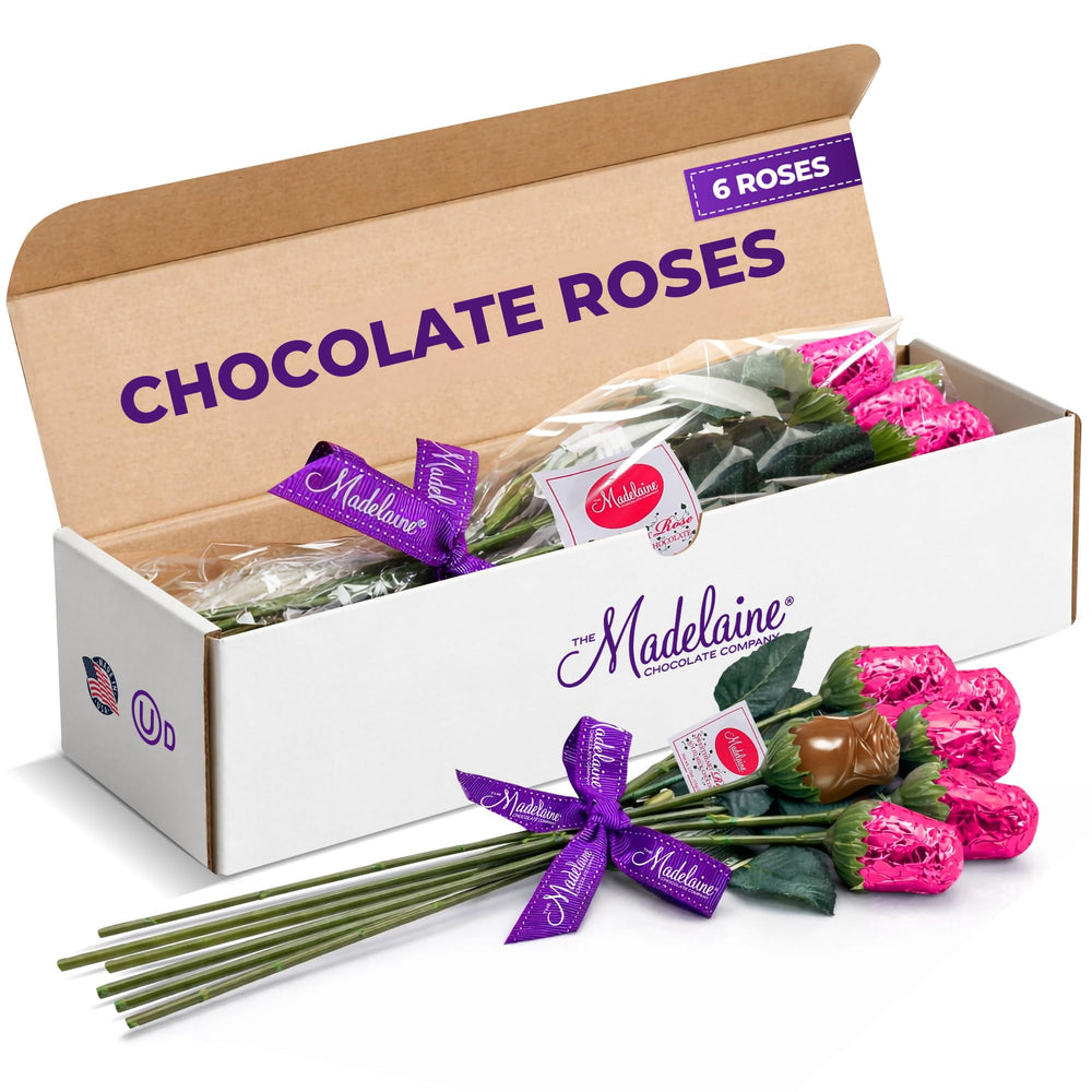 The Madelaine Pink Chocolate Rose bouquet wrapped in pink foil, ready for gifting.