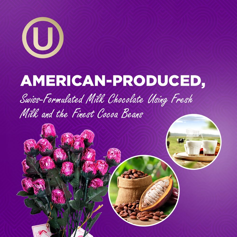 Six individually wrapped pink chocolate roses form an elegant gift bouquet.