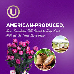 Six individually wrapped pink chocolate roses form an elegant gift bouquet.