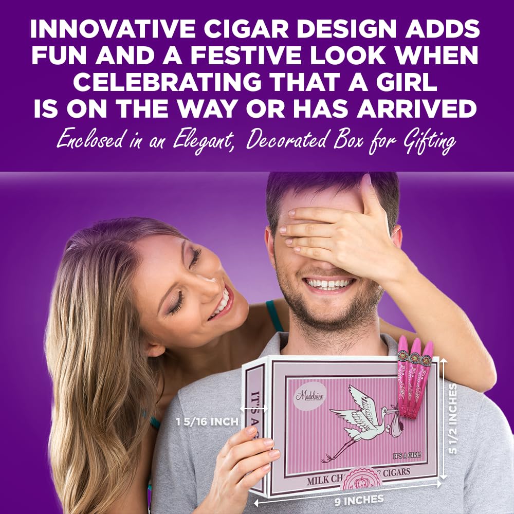 Madelaine pink foil with stork motif on cigar wrapper for It’s a Girl theme.
