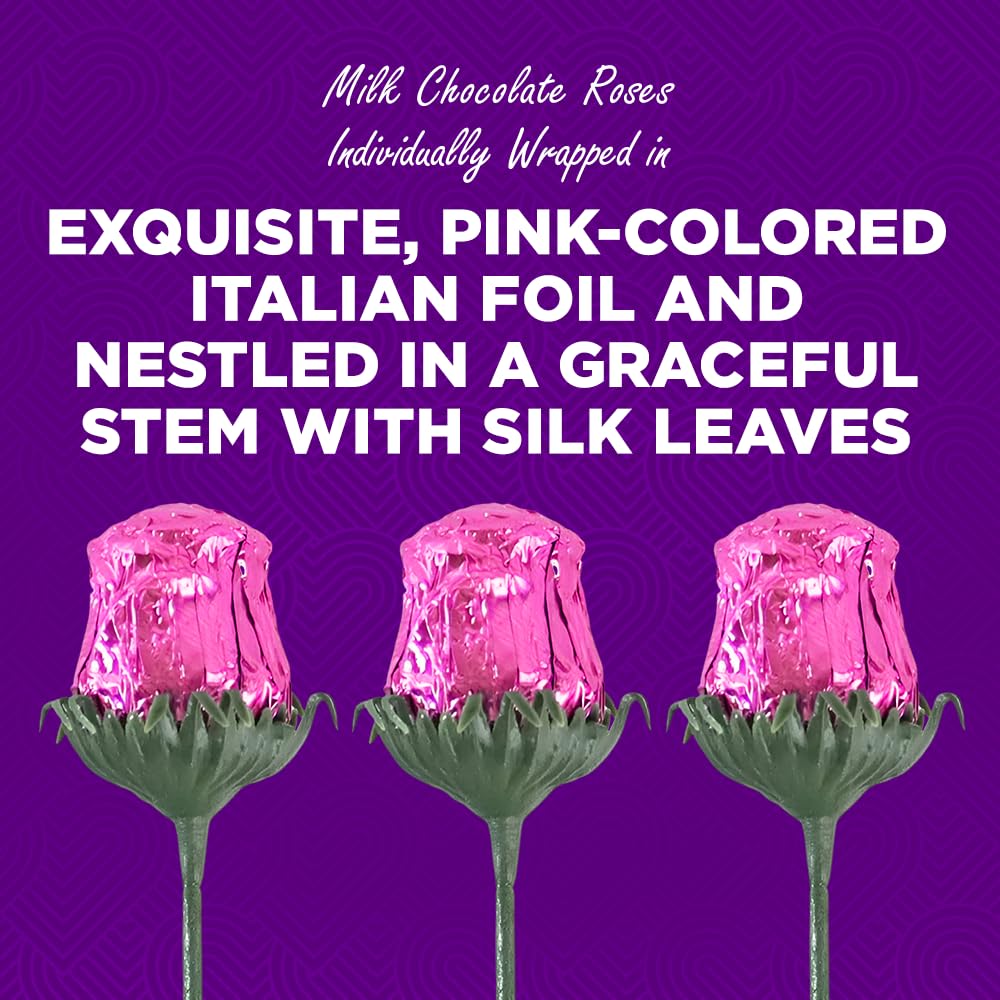 Milk chocolate rose with vibrant pink foil detail and green stem leaves.