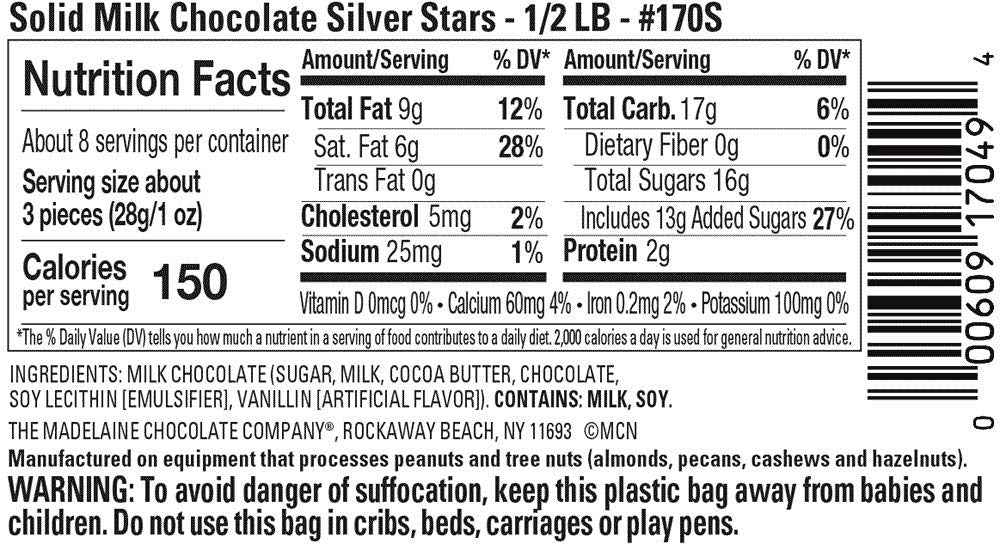Closeup of Madelaine Silver Stars showing milk chocolate texture