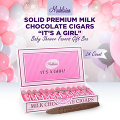 Madelaine solid milk chocolate cigar pink foil with a stork band signaling It’s a Girl.