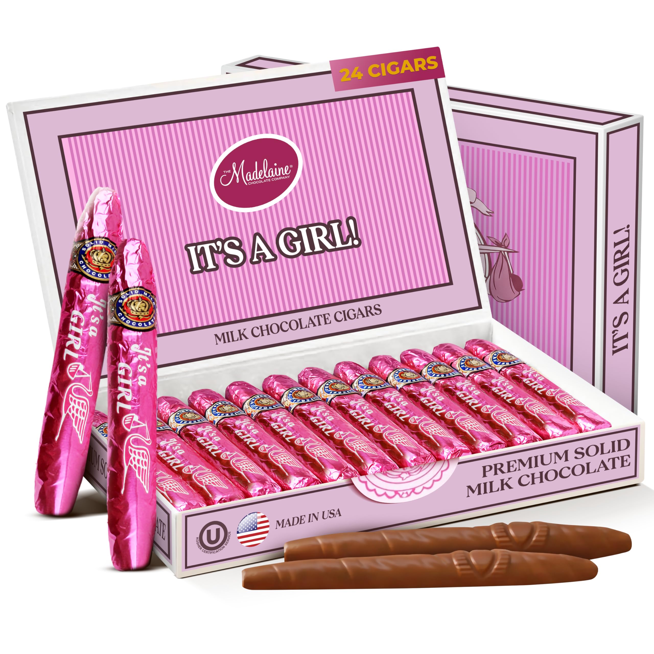 Madelaine solid milk chocolate cigar with pink foil wrapper for classy baby shower favors.