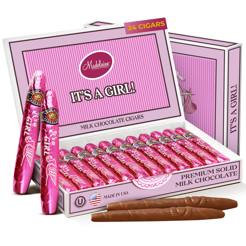Madelaine solid milk chocolate cigar with pink foil wrapper for classy baby shower favors.