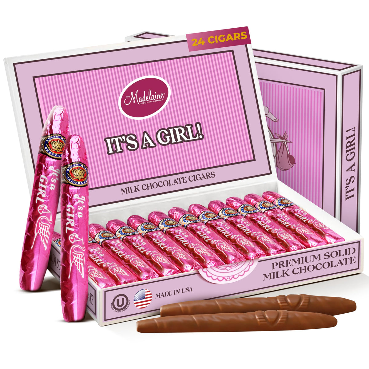 Madelaine solid milk chocolate cigar with pink foil wrapper for classy baby shower favors.
