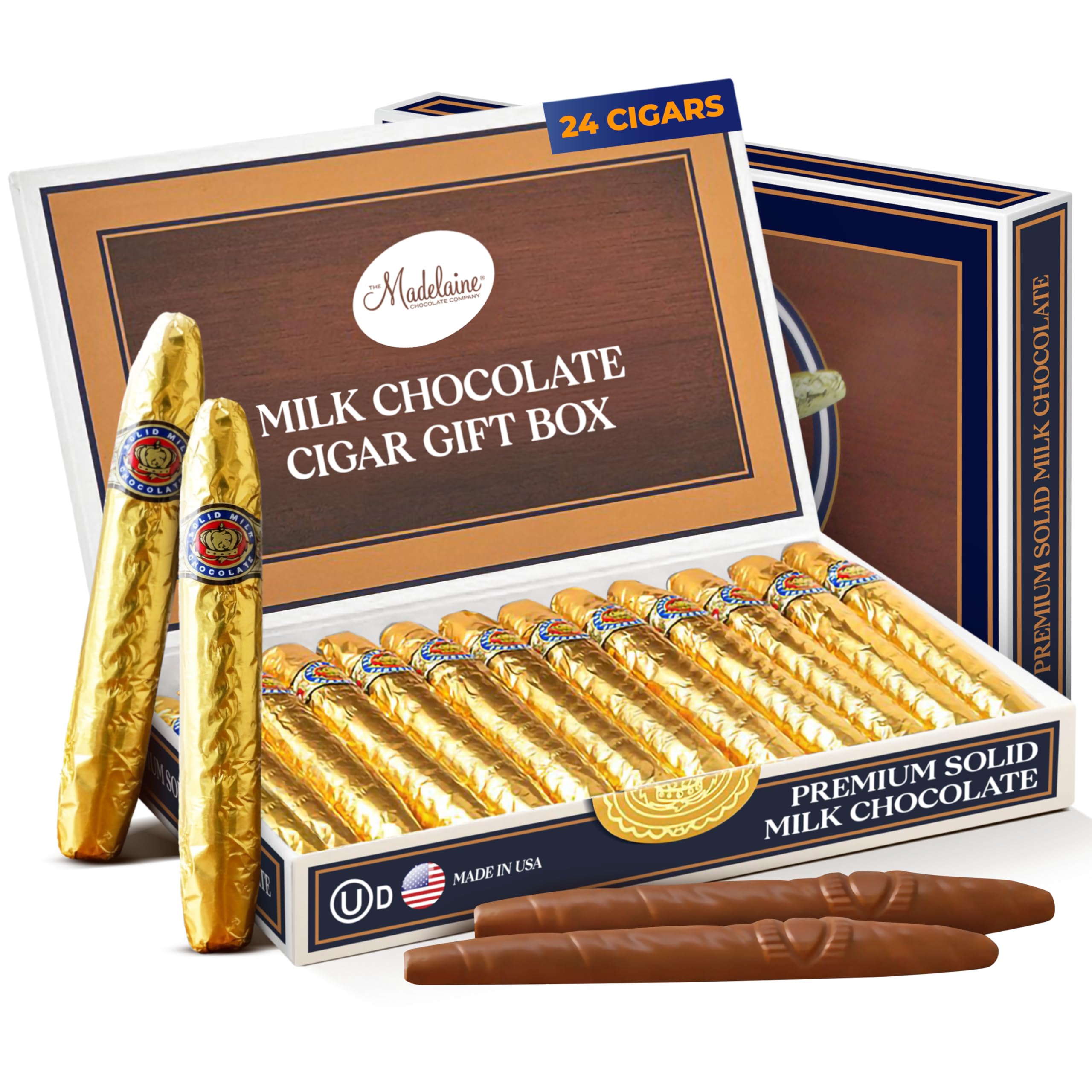Madelaine solid milk chocolate cigars gift box closed, ideal for gifting