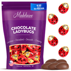 Madelaine solid milk chocolate lady bugs in red foil, ideal party favors.